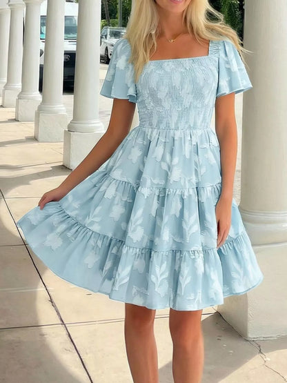Hazel Blues® |  Smocked Square Neck Tiered Mini Dress