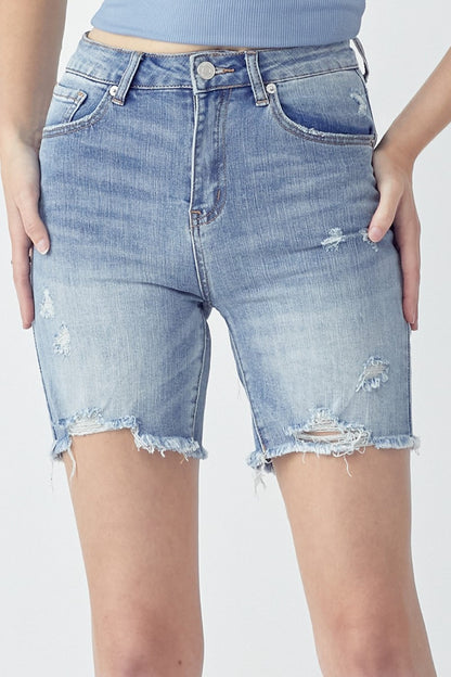 Hazel Blues® |  RISEN High Rise Distressed Denim Shorts