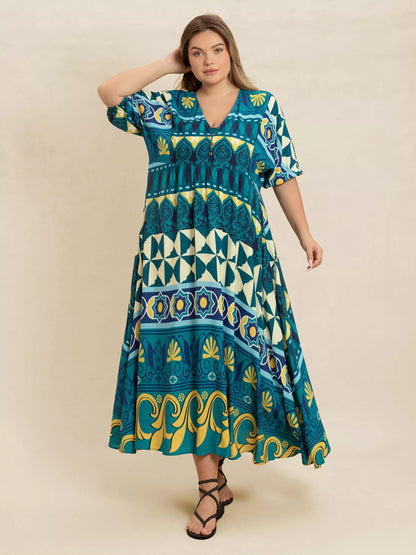 Hazel Blues® | Printed V-Neck Half Sleeve Midi Dress