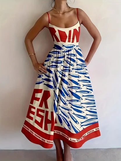 Hazel Blues® |  Sardine Print Spaghetti Strap Midi Dress