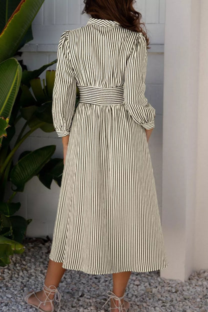 Hazel Blues® |  Stripe V Neck Zip Front Cinched High Waist Midi Dress