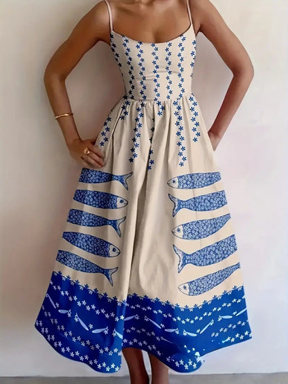 Hazel Blues® |  Sardine Print Spaghetti Strap Midi Dress