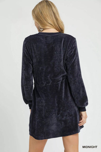 Hazel Blues® |  Umgee Velour Drawstring Mini Dress with Long Sleeves