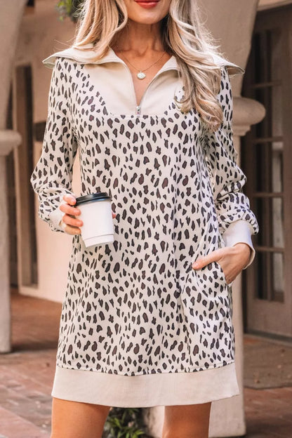 Hazel Blues® |  Leopard Print Zip up Collar Patchwork Shift Mini Dress