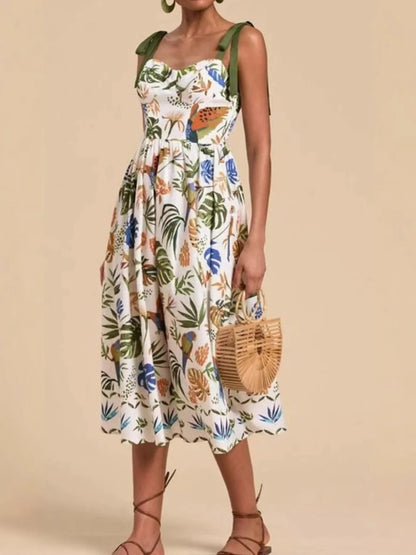 Hazel Blues® |  Tropical Print Tie-Shoulder Sweetheart Neck Midi Dress