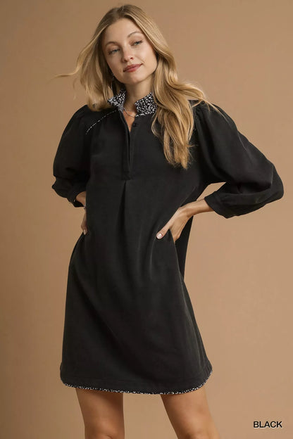 Hazel Blues® |  Umgee French Terry Balloon Sleeve Shift Dress with Leopard Print Detail
