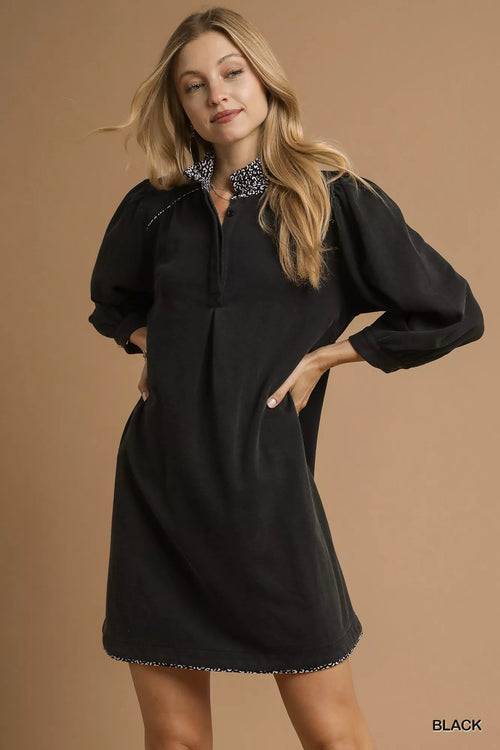 Hazel Blues® |  Umgee French Terry Balloon Sleeve Shift Dress with Leopard Print Detail