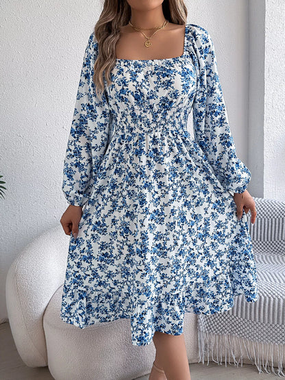 Hazel Blues® |  Floral Print Long Sleeve Square Neck Midi Dress