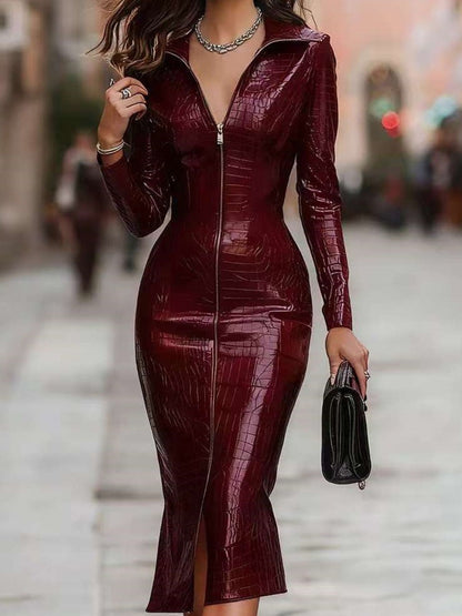 Hazel Blues® | Crocodile Embossed Zipper Front Bodycon Midi Dress