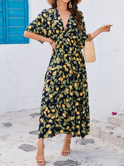 Hazel Blues® |  Printed V-Neck Ruffle Hem Flowy Midi Dress