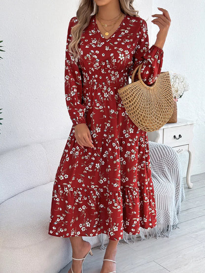Hazel Blues® |  Floral Print Long Sleeve V-Neck Midi Dress