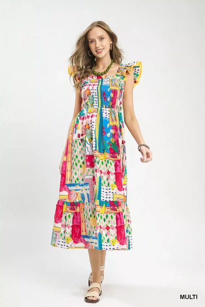 Hazel Blues® |  Umgee Abstract Print Smocked Ruffle Sleeve Tiered Midi Dress