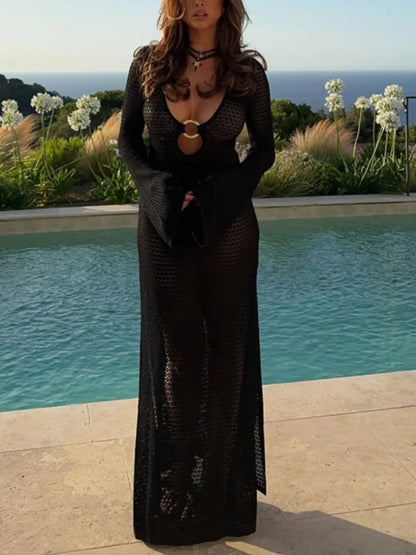 Hazel Blues® |  Slit Plunge Flare Sleeve Cover-Up Dress