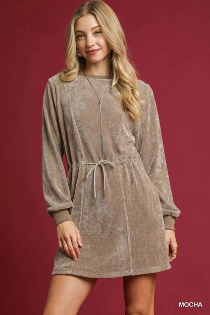 Hazel Blues® |  Umgee Velour Drawstring Mini Dress with Long Sleeves