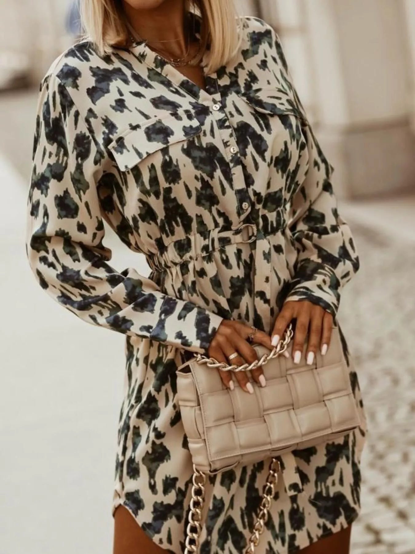 Hazel Blues® |  Printed Button Front Long Sleeve Dress