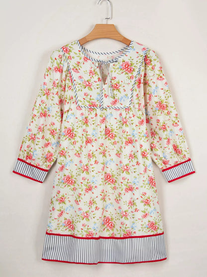 Hazel Blues® |  Striped Edge 3/4 Puff Sleeve Floral Dress