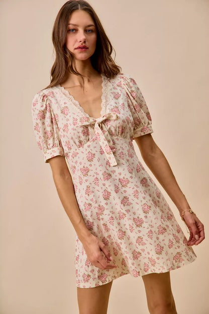 Hazel Blues® |  SO ME Floral Lace Trimed  Short Sleeves Mini Dress
