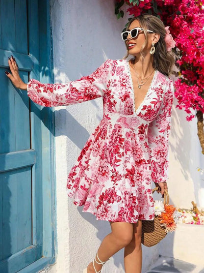 Hazel Blues® | Floral Print V-Neck Long Sleeve Ruffle Hem Mini Dress