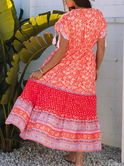 Hazel Blues® |  Floral Print Tasseled Tied Sleeve Empire Waist Dress