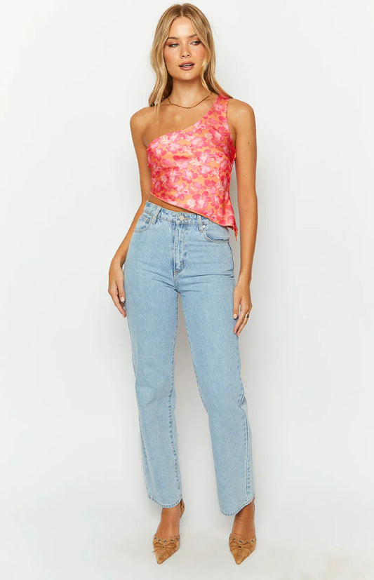 Claudi Orange And Pink Satin One Shoulder Top
