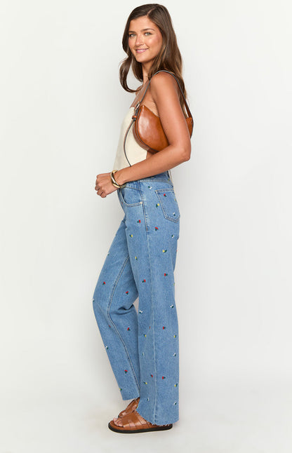 Kansis Blue Embroidered Uneven Waist Jeans