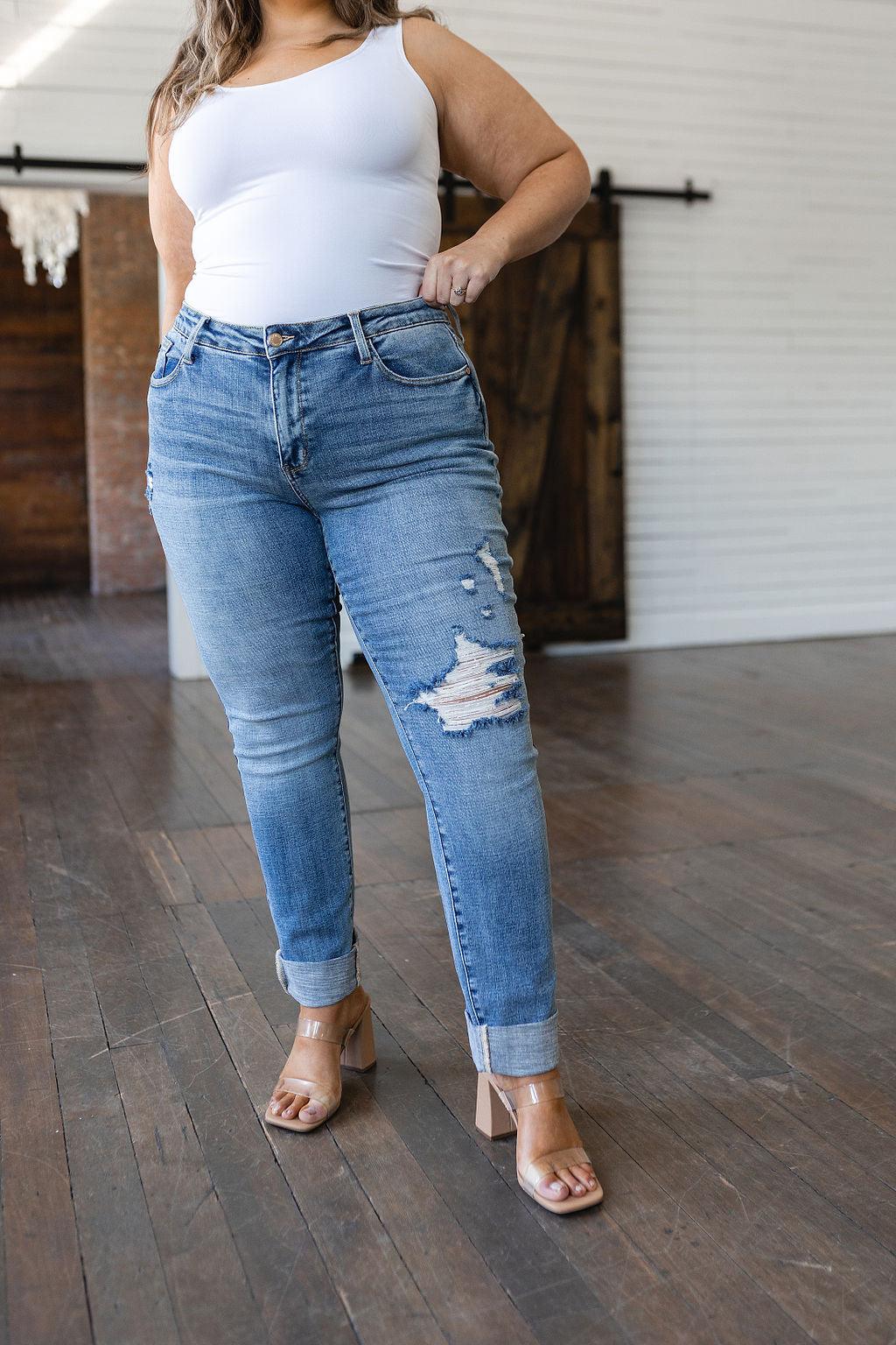 Hazel Blues® |  Elodie Mid Rise Distressed Boyfriend Jeans