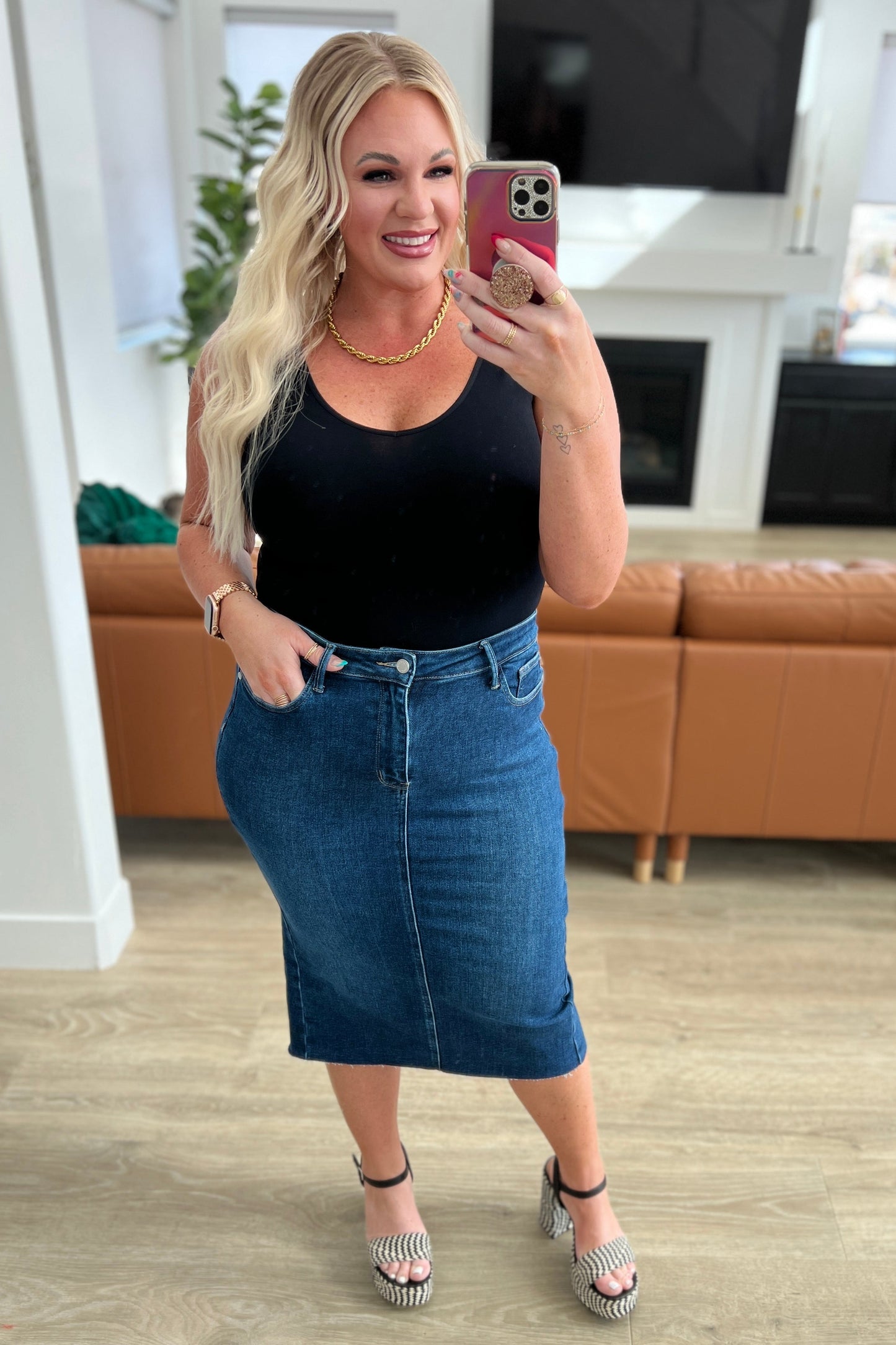 Hazel Blues® |  Marcy High Rise Denim Midi Skirt