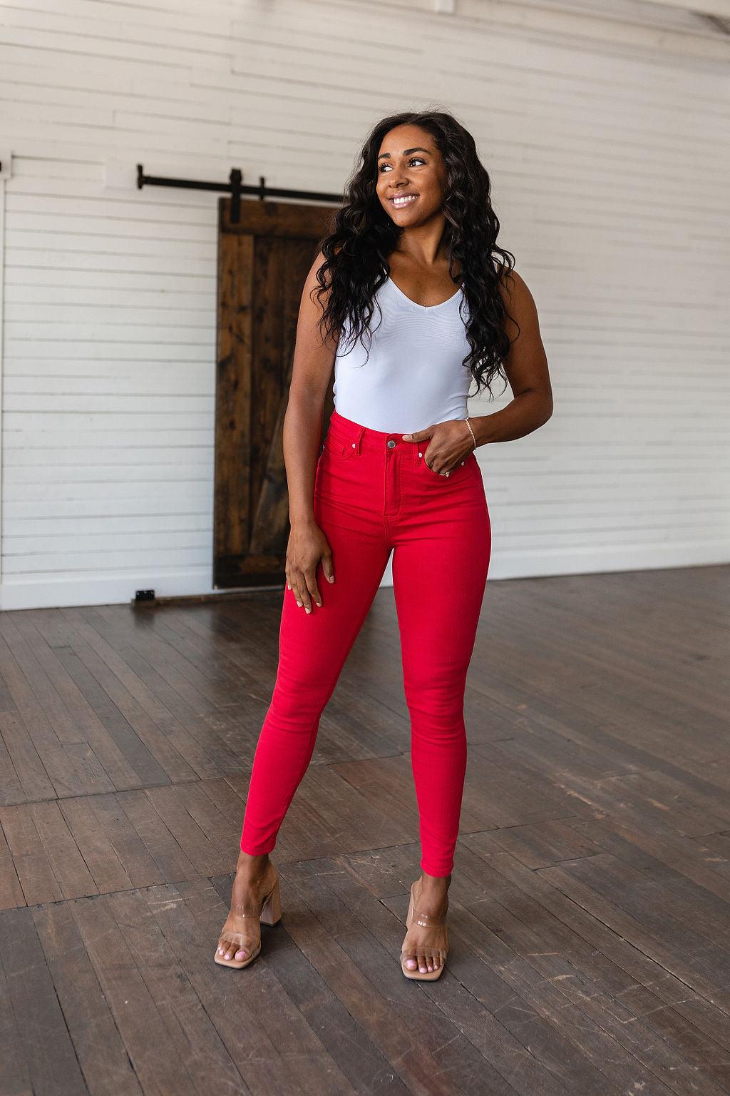 Hazel Blues® |  Ruby High Rise Control Top Garment Dyed Skinny Jeans in Red