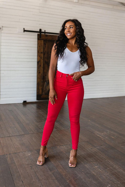 Hazel Blues® |  Ruby High Rise Control Top Garment Dyed Skinny Jeans in Red