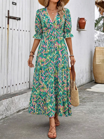 Hazel Blues® |  Printed V-Neck Flounce Sleeve Dress