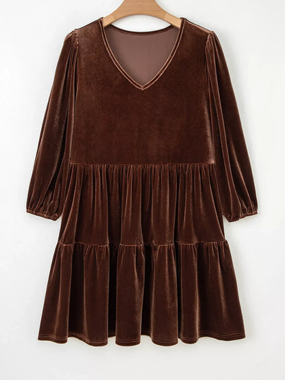 Hazel Blues® |  Solid Color Velvet V Neck Long Sleeve Tiered Mini Dress