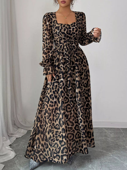 Hazel Blues® |  Leopard Sweetheart Neck Flounce Sleeve Maxi Dress