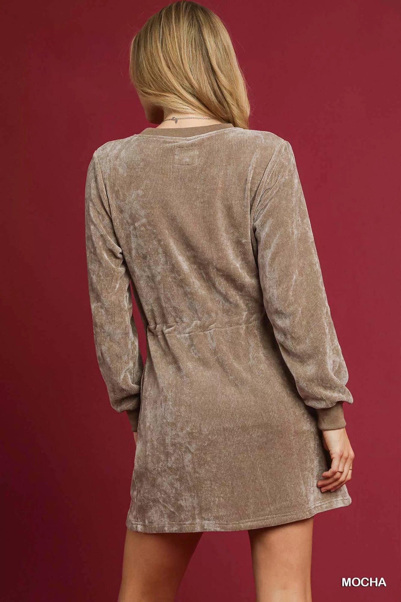 Hazel Blues® |  Umgee Velour Drawstring Mini Dress with Long Sleeves