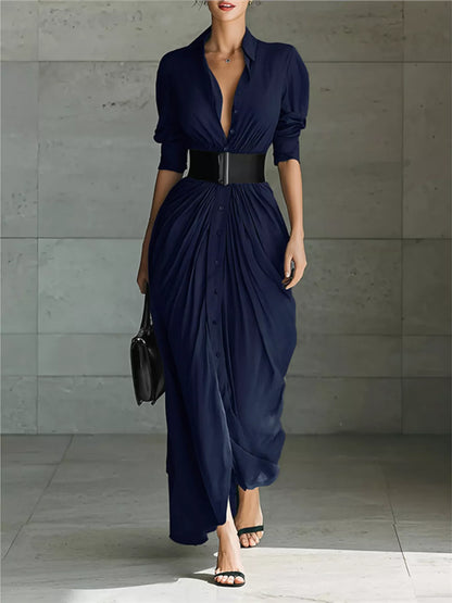 Hazel Blues® | Button Front Ruched Shirt Maxi Dress