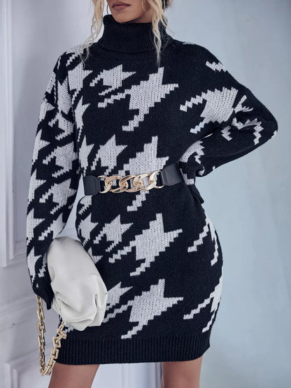 Hazel Blues® |  Houndstooth Pattern Turtleneck Sweater Dress