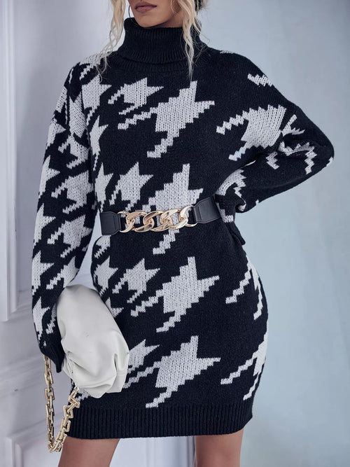 Hazel Blues® |  Houndstooth Pattern Turtleneck Sweater Dress