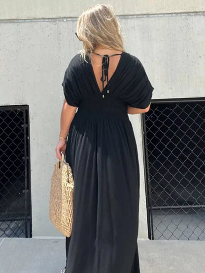Hazel Blues® | Slit V-Neck Smocked Waist Maxi Dress