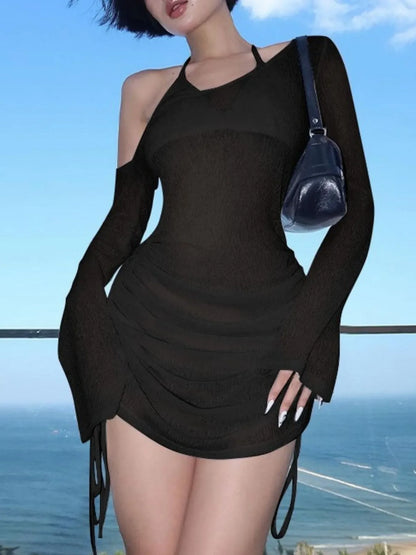 Hazel Blues® |  One-Shoulder Bell Sleeve Ruched Mini Cover-Up Dress