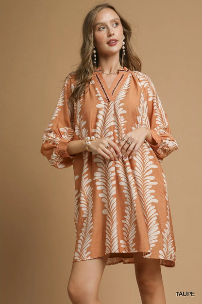 Hazel Blues® |  Umgee Leaf Print Notched Mini Babydoll Dress