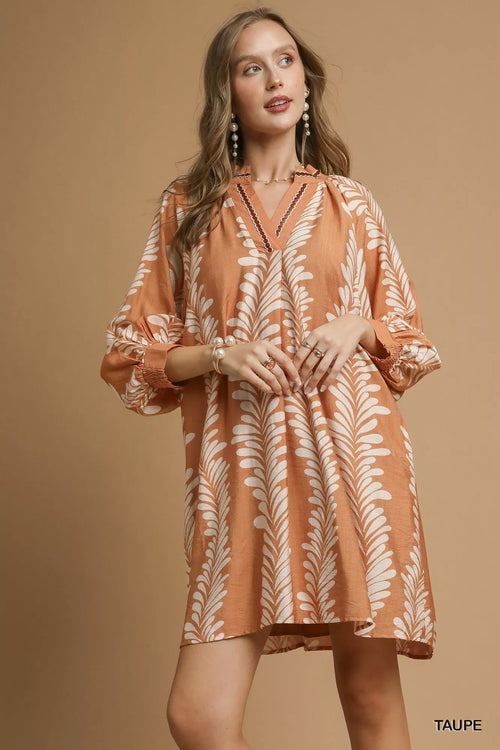 Hazel Blues® |  Umgee Leaf Print Notched Mini Babydoll Dress