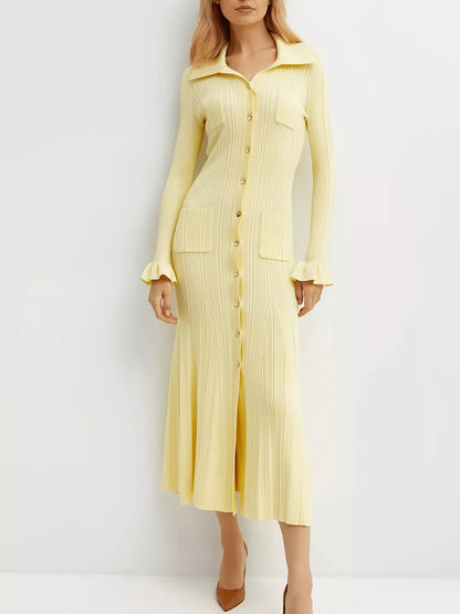 Hazel Blues® |  Button-Down Flounce Sleeve Sweater Dress