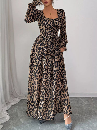Hazel Blues® |  Leopard Sweetheart Neck Flounce Sleeve Maxi Dress