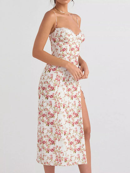 Hazel Blues® |  Floral Print Lace Trim Slit Midi Dress