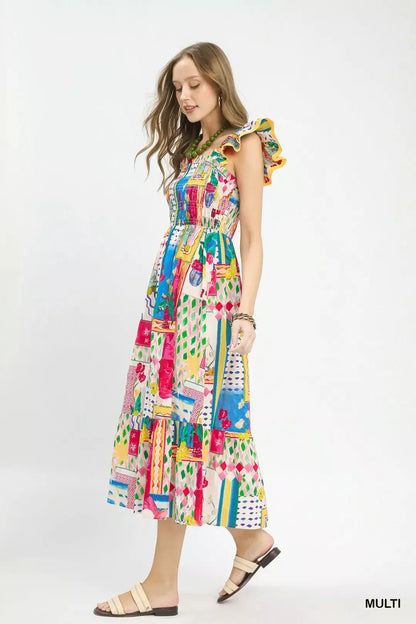 Hazel Blues® |  Umgee Abstract Print Smocked Ruffle Sleeve Tiered Midi Dress