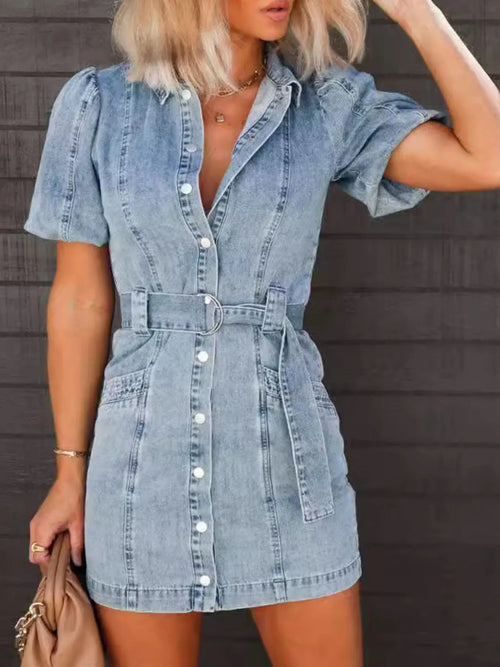 Hazel Blues® |  Button-Up Puff Sleeve Denim Shirt Dress