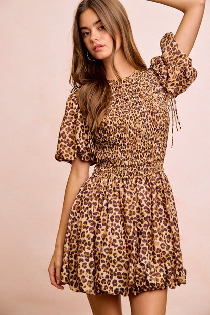 Hazel Blues® |  BiBi Leopard Bow Tie Attachable Puff Sleeves Dress