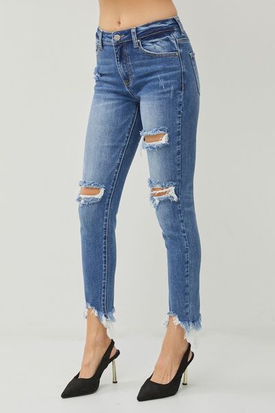 Hazel Blues® |  RISEN Distressed Frayed Hem Slim Jeans