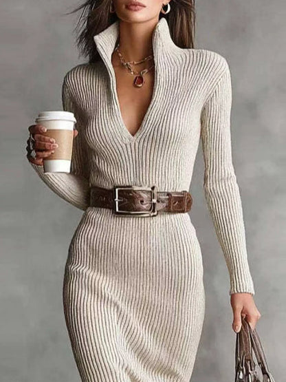 Hazel Blues® |  Elegant Ribbed Knit Turtleneck Midi Sweater Dress