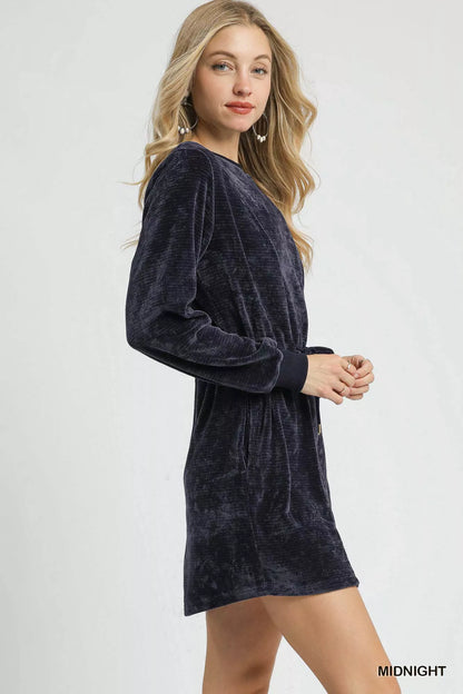 Hazel Blues® |  Umgee Velour Drawstring Mini Dress with Long Sleeves