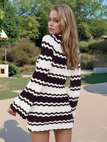 Hazel Blues® |  Wavy Striped Tied Front Long Sleeve Cover-Up Dress
